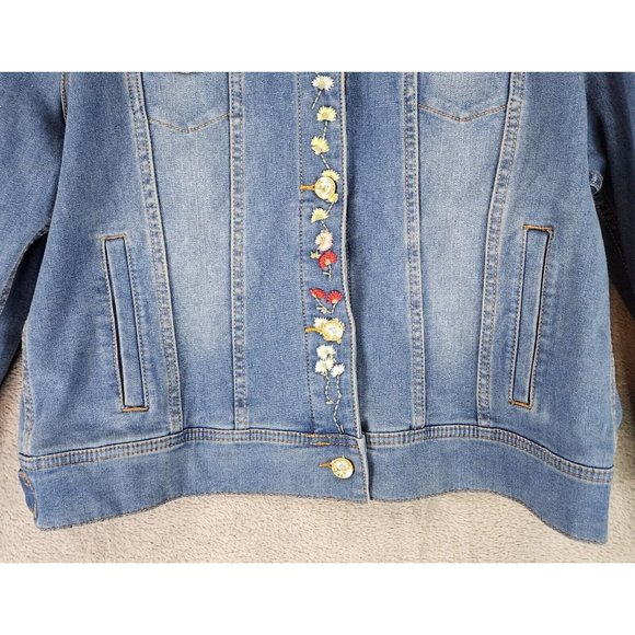 Nygard Jean Jackets Womens Large Blue Floral Embroidered Distressed Button Up - Picture 8 of 13